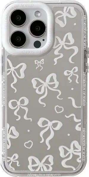 Love Heart Bow Plating Mirror Soft Phone Case Compatible with iPhone Case (Silver,for iPhone 13 Pro)