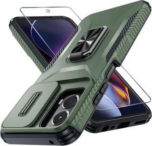 for Motorola Moto G Power 5G 2024 Case with Tempered Glass Screen Protector and Camera Lens Cover,Rotated Ring Stable Kickstand,Heavy Duty Shockproof Protective Phone Cover-Alpine Green
