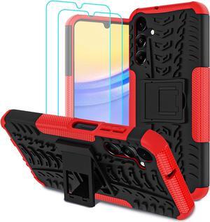 for Samsung Galaxy A15 5G Case with 2 Pack Screen Protector,Military Grade Shockproof, Heavy Duty Robust Bumper Cover with Kickstand for Galaxy A15 5G Phone Red