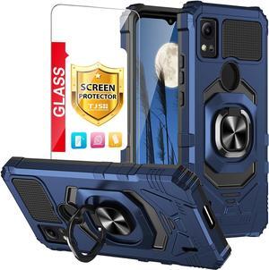 TJS Compatible for Cricket Icon 5 Case, AT&T Motivate 4 Case, with Tempered Glass Screen Protector, Metal Ring Magnetic Support Kickstand Heavy Duty Drop Protection Cover Phone Case (Blue)