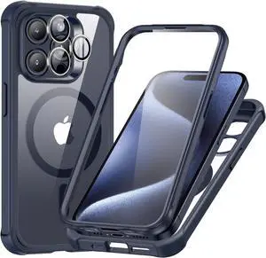 for iPhone 15 Pro Max Case Set, 1 Set Individual Lens Protectors, Compatible with MagSafe Phone Case, Full-Coverage Military-Grade Protection, Scratch Resistant, Armor Series,Clear Dark Blue