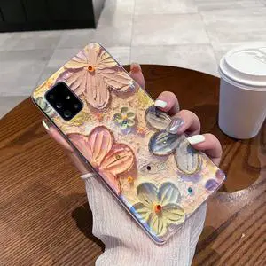LeLeYun Case for Samsung Galaxy A51 5g, Colorful Retro Oil Painting Printed Flower Cute Pattern with Glitter Gem Phone Cover Durable TPU Shockproof Protective Case for Girls Women