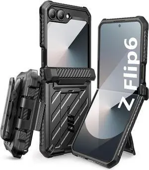for Samsung Galaxy Z Flip 6 Case with Stand & Belt-Clip (Unicorn Beetle Pro), [Hinge Protection] [Front Screen Protector] Full Body Rugged Protective Phone Case for Galaxy Z Flip 6/5, Black