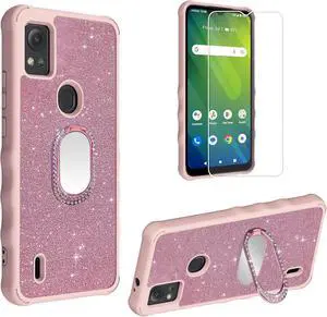 Generic for Cricket Icon 5 Case Compatible with AT&T ATT Motivate 4 Leather Phone Case Cover [with Tempered Glass Screen Protector] [360 Degree rotationRing Support] SF-F, CSK-Pink