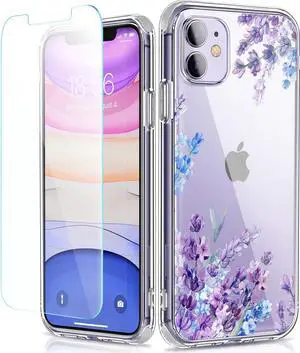 Flower Designed for iPhone 11 Case with Screen Protector, Floral Slim Fit Clear Women Phone Case Shockproof Protective Hard PC+TPU Bumper Cover 6.1 Inch (Lavender/Purple)