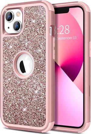Case for iPhone 13 Case Glitter, Cute Sparkly Shiny Bling Sparkle Cover, Heavy Duty 3 in 1 Hybrid Hard PC Soft TPU Bumper Full Body Shockproof Protective Phone Cases for Women Girls, Rose Gold