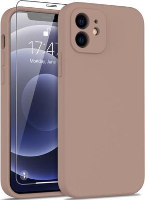 Compatible with iPhone 12 Case with Screen Protector,Enhance Camera Protection,Soft Flexible Silicone Gel Rubber Bumper Cover,Slim Fit Protective Phone Case 6.1" for Women Girls Light Brown