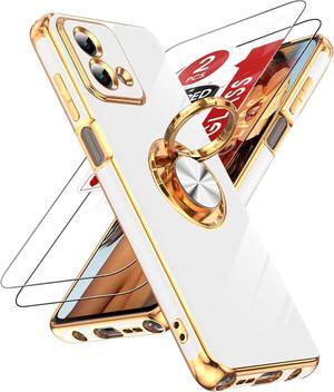 LeYi for Moto G Stylus 5G Phone Case: with Tempered Glass Screen Protector [2 Pack] 360° Rotatable Ring Holder Magnetic Kickstand, Plating Rose Gold Edge G Stylus 5G 2023 Case, White
