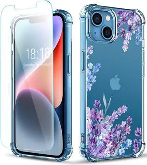 Flower Designed for iPhone 13 Case[with Screen Protector], Floral Clear Women Phone Case Shockproof Protective Soft TPU Bumper Cover 6.1 Inch 2021 (Lavender/Purple)