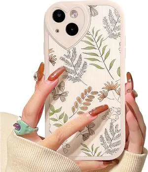 Compatible for iPhone 14 Case Cute Leaves with Love Lens Bumper Protector for Girls Women Soft TPU Shockproof Protective Girly for iPhone 14-Leaves