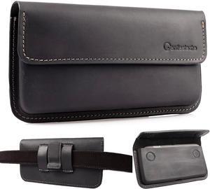 Large Leather Phone Holster for iPhone 14 Pro 13 Pro, Flip Cell Phone Case for Galaxy S23 S22, Phone Belt Holder with Belt Clip, Phone Pouch for Phone with Protective Case