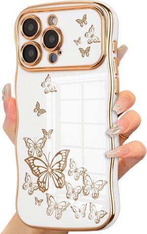 for iPhone 14 Pro Max Case for Girl Women, Cute Curly Wave Frame with Luxury Plating Butterfly Pattern, Soft TPU Shockproof Raised Lens Protection Phone Case for iPhone 14 Pro Max, White