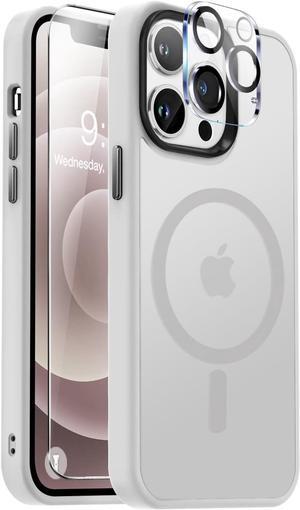 Magnetic for iPhone 12 Pro Max Case [Compatible with Magsafe] [Screen Protector+Camera Lens Protector] Aluminum Alloy Keys Slim Translucent Matte Phone Case iPhone 12 Pro Max - Frosted White