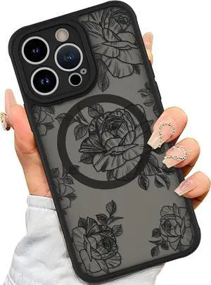 Case for iPhone 15 Pro [Compatible with MagSafe] Black Flower Floral Pattern Design Case for Women Girls Soft TPU Bumper Hard PC Back Anti-Fall Shockproof Protective Slim Magnetic Cover