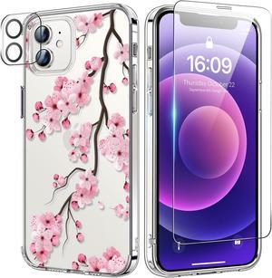 bicol for iPhone 11 Case with Screen Protector and Camera Lens Protector - Fashionable Flower Floral Designs for Women Girls - Shockproof Acrylic Clear Phone Cover 6.1" - Blooming Cherry