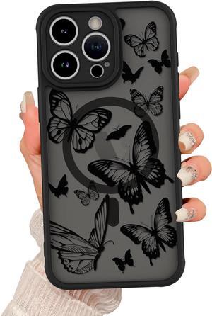 Magnetic for iPhone 12 Pro Case [Compatible with MagSafe] Cute Butterfly Print Pattern Design Slim Shockproof Translucent Matte Case Cover for Women Girls, Black