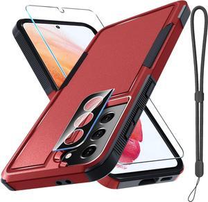 for Samsung Galaxy S21 Case, Full Body Heavy Duty Rugged Shockproof Protective Phone Cover with Lanyard Strap, Tempered Glass Screen Protector and Camera Lens Cover, Red