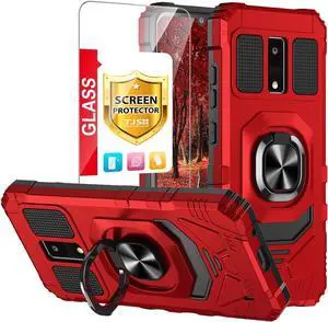 TJS Compatible for BLU View 4 (B135DL) Case, with Tempered Glass Screen Protector, Metal Ring Magnetic Support Kickstand Heavy Duty Drop Protection Cover Phone Case (Red)