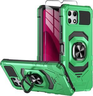 for T-Mobile REVVL 7 5G Phone Case with Tempered Glass Screen Protector,Military Grade Heavy Duty Shockproof Protective Cover,with Ring Kickstand for REVVL 7 (Green)