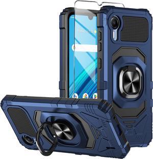 for Cricket Debut S2 Case, Att Calypso 4 Case with Tempered Glass Screen Protector,Ring Kickstand,Military Grade Heavy Duty Shockproof Protective Debut S2 Cover (Navy)