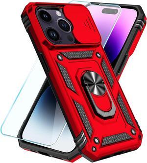 SunStory Compatible with iPhone 14 Pro Max Case with HD Screen Protector & Slide Camera Cover & Rotated Ring Kickstand, [Military-Grade] Phone Case for iPhone 14 Pro Max (Red)