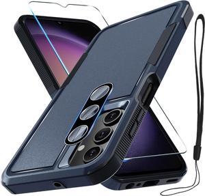 for Samsung Galaxy A15 5G Case, Full Body Heavy Duty Rugged Shockproof Protective Phone Cover with Lanyard Strap, Tempered Glass Screen Protector and Camera Lens Cover, Navy Blue