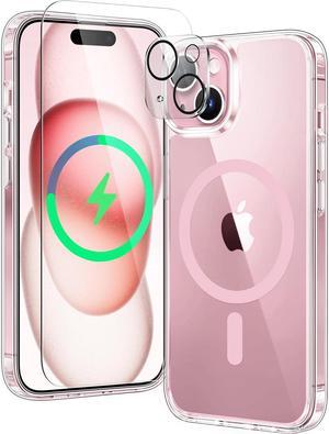 for iPhone 15 Case: Support Magnetic Charging Military Grade Drop Protection Anti Yellowing Cell Phone Cover - Rugged Sturdy Shockproof Protective Bumper - 6.1 Inch (Clear PinkRing)
