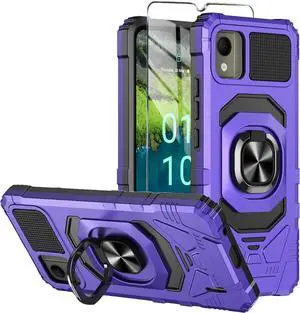 for Nokia C110 Phone Case with Tempered Glass Screen Protector,Military Grade Heavy Duty Shockproof Protective Cover,with Ring Kickstand Full-Body Protective for Nokia C110 (Purple)