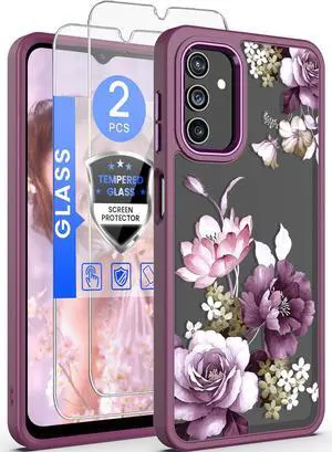 Dretal for Samsung A13 5G Case, Galaxy A13 5G Case + Tempered Glass Screen Protector,Military Grade Drop Tested Hard Back & Soft Edge Slim Flower Women Girls Protective Cover for A13 4G (Purple)