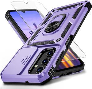 for Samsung Galaxy A15 5G Case with Slide Lens Cover, HD Screen Protector, Military Grade Drop Protection, Magnetic Rotated Ring Holder Kickstand Phone Case, Lavender