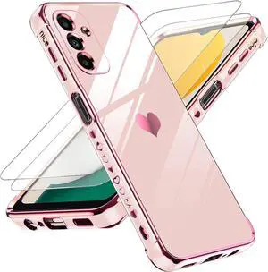 LeYi for Samsung A13 5G Case / A04s Case for Women for Girl + [2 Pcs] A13 5G Screen Protector, Aesthetic Love Heart Luxury Case Cute Plating Soft TPU Girly Shockproof Case for Galaxy A13 5G, Pink