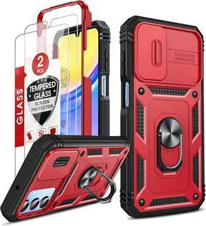 LeYi for Galaxy A15 5G Case: Samsung A15 Screen Protector with Samsung A15 5G Telephone Case, Metal Stand Heavy Duty Shockproof para Mobile Smart Cell Phone Cover Galaxy A15 5G, Red+Black