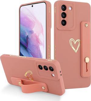 Fiyart Galaxy S21 5G Case - Pink Love Hearts, Slim Protective Cover, Wrist Strap, Kickstand, Bumper & Camera Protection for 6.2" Samsung