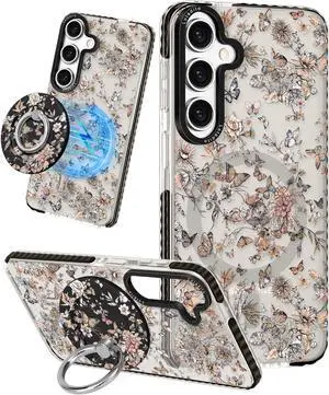 for Samsung Galaxy S23 FE Case for Women - Girls Cute Design Compatible with Magsafe Magnetic Ring Holder Stand Butterfly Plants Phone Covers Aesthetic Girly TPU Funda for S23 FE