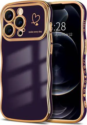 for iPhone 12 Pro Max Case Cute Curly Wave Frame Shape Phone Cases, Thin Slim Luxury Plating Wavy Edge Soft TPU Bumper Shockproof Rubber Protective Cover for Women Girls, Love Heart-Dark Purple
