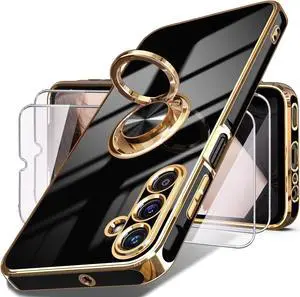 Dretal for Samsung Galaxy A15 5G Case, Screen Protector, 360° Rotatable Ring Holder Magnetic Kickstand,Plated Gold Edge Slim Soft TPU Protective Phone Cover for Galaxy A15 5G (Black)