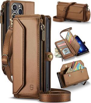 Crossbody for iPhone 13 Pro Max Phone Case WalletRFID Blocking with 10-Card Holder Zipper Bills Slot, Soft PU Leather Magnetic Wrist Strap for iPhone 13 Pro Max Wallet Case for Women,Brown