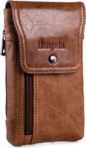 Hengwin Leather Cell Phone Holster Fits for iPhone 15 Pro 14 Pro 13 Pro 12 Pro 11 Pro Samsung Galaxy S24 Pouch Case with Belt Clip Belt Loop Card Holder, Waist Purse Mobile Phone Bag for Belt (Brown)