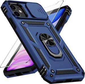 for iPhone 11 Case with Camera Lens Cover, HD Screen Protector, 10 FT Military Grade Drop Protection, Magnetic Ring Holder Kickstand Protective Phone Case for iPhone 11, Navy Blue