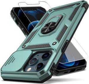 for iPhone 12 Pro Max Case,with Camera Lens Cover HD Screen Protector,[Military Grade] Ring Car Mount Kickstand Hybrid Hard PC Soft TPU Shockproof Protective Case for iPhone 12 Pro Max-Green