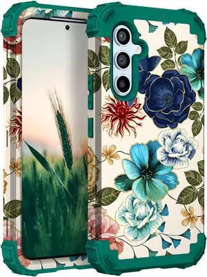 Hocase for Galaxy S23 FE Case, Heavy Duty Shockproof Protection Soft Silicone Rubber+Hard Plastic Bumper Hybrid Protective Case for Samsung Galaxy S23 FE 5G (6.4") 2023 - Teal Flowers
