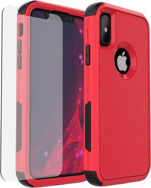 for iPhone XR Case [Dropproof] [Shockproof] 3-Layers Heavy Duty Drop Protection Case Cover for iPhone XR 6.1 Inch with Tempered Glass Screen Protector, Rugged XR Phone Case- Red Black