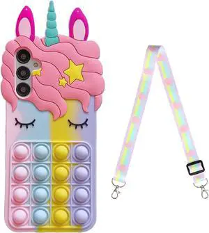Stress Relief Phone Case for Samsung Galaxy A14 5G/4G 6.6 inch with Strap,3D Cute Cartoon Kawaii Girls Women Kids Push Pop Bubble Unicorn Character Soft Silicone Case(A14 6.6 inch)