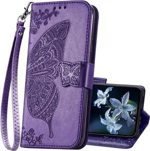 for Galaxy A35 5G Phone Case Wallet,Women Flip Folio Cover with Card Holders Butterfly Embossed PU Leather Kickstand Wrist Strap Purse Case for Samsung A35 5G 6.6 Inch (Purple)