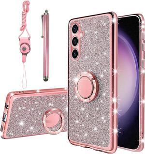 for Samsung Galaxy S23-FE Case, Samsung Galaxy S23 FE Phone Case for Women Glitter Crystal Soft Stylish Clear Tpu Luxury Bling Cute Protective Cover with Kickstand Strap for S23 FE 5G (Glitter Rose)