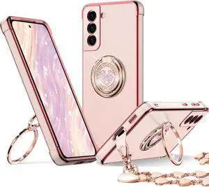XYZ for Galaxy S22 Case with Stand, for Samsung Galaxy S22 Case with Double Ring, Women Girls Bling Luxury Protective Phone Case Heart for Samsung S22, Pink