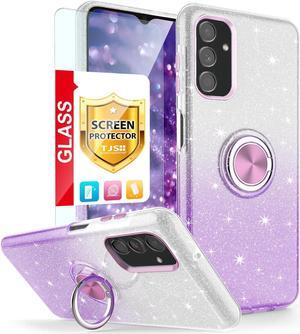 TJS Compatible with Samsung Galaxy A15 5G Case, with Tempered Glass Screen Protector, Metal Ring Magnetic Support Kickstand Tone Shinny Glitter Phone Case (Purple)