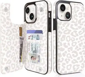 uCOLOR Flip Leather Wallet Case Card Holder Compatible with iPhone 13 6.1 iPhone 14 6.1 Women and Girls with Card Holder Kickstand (Beige Leopard)