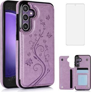 Asuwish Phone Case for Samsung Galaxy S23 FE 5G with Tempered Glass Screen Protector and Card Holder Wallet Cover Stand Flip Leather Cell Accessories S 23 FE S23FE5G S23FE 23S G5 Women Purple