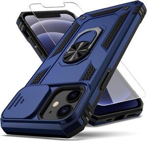 for iPhone 12 Case,with Camera Lens Cover HD Screen Protector,[Military Grade] Ring Car Mount Kickstand Hybrid Hard PC Soft TPU Shockproof Protective Case for iPhone 12, Blue
